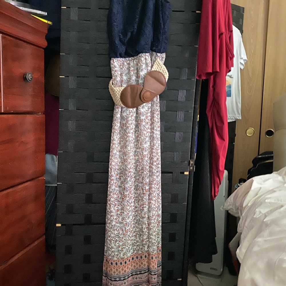 Three Hearts Sleeveless Blue and Cream Maxi Sundress